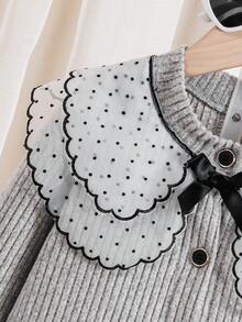 Genkimix Kids 两件套女童可爱波点网纱荷叶边领长袖外套，搭配蝴蝶结纽扣开衫和灰色百褶裙，舒适百搭，适合春季、秋季和开学季穿着，灰色开衫，秋冬季 - 灰色 - 查看 4