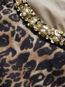 GENKIRA Vestido elegante y único de mujer con cuello redondo, sin mangas, con estampado de leopardo con rhinestones y lentejuelas, para otoño/invierno - Multicolor - Ver 5
