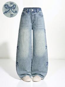 SHEIN Explorewe Tween-Mädchen Jeans - Neuankömmling für Herbst/Winter, modische Schmetterling-Stickerei Dekoration, Kontrastfarben Design, verwaschen mittelblau gerade Bein, locker & lässig geschnitten, hoher Bund, Vintage Y2K Streetwear Stil, geeignet für den täglichen Gebrauch, Schule, Pendeln, Party, Zuhause, Schulanfang, Halloween - Mittele Waschung - Übersicht 5