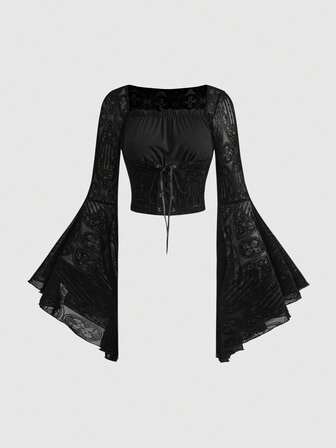 Goth بلوزة نسائية بطراز قصر جوتيك بتصميم مفرغ مع رقعة مخملية وشبكية ومزينة بالدانتيل