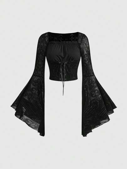 Goth بلوزة نسائية بطراز قصر جوتيك بتصميم مفرغ مع رقعة مخملية وشبكية ومزينة بالدانتيل