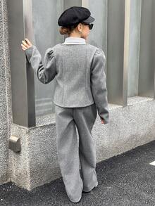 SHEIN Explorewe 两件套少女纯色羊毛短外套（翻领收腰设计）+阔腿裤套装，法式休闲时尚风格，适合秋冬季日常休闲、通勤和度假穿着。 - 深灰色 - 查看 2