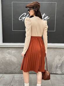 Teen Girls' Elegant Midi Dress,Beige Ribbed Knit Top With Puff Sleeves & Brown Pleated Skirt,Bow Belt,Autumn Graduation Teen Formal Casual Outing - Apricot - View 2