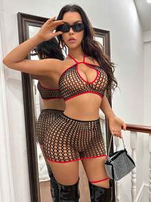 2 Stücke Damen Sexy Dessous Set, nahtloser Fischnetz-Bodysuit mit kontrastierendem rotem Saum Rock - Schwarz - Übersicht 4