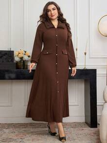 Modelyn Knitted Ribbed Patchwork Faux Fur Collar Long Sleeve Elegant Fashionable Romantic Plus Size Dress - Brown - View 3