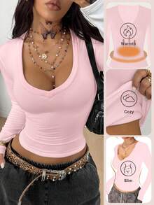 Coolane 女士冬季街头风休闲针织保暖弹力舒适粉色运动V领修身长袖T恤，适合新年、秋季穿着。 - 淺粉色 - 查看 3