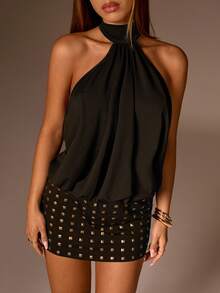 Avantive 黑色露背迷你连衣裙，适合性感女孩，秋冬季圣诞节新年外出毕业舞会优雅正式奢华时尚商务休闲生日办公室着装乡村音乐会俱乐部着装性感西部工作服街头风复古节日鸡尾酒会锐舞舞会夏威夷机场趣味基础早午餐着装2000年代风格紧身老钱风教堂返校节优雅派对端庄约会之夜 - 黑色 - 查看 5