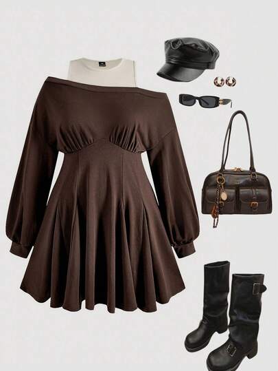 SHEIN MOD Plus Size Brown 2 In 1 Asymmetrical Shoulder Sweatshirt Dress, 2 In 1 Sweatshirt Dress.Outfit.Elegant Outfits,Sweatshirt Asymmetrical Shoulder Sweatshirt Women Sweatshirt Cute Sweatshirt Sparkly Sweatshirt