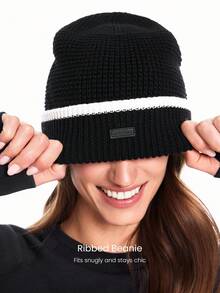 GLOWMODE Mũ len dệt gân Chill Chaser mềm mại, ấm áp, phối màu tương phản, thích hợp cho mùa thu đông, mặc hàng ngày. - Đen và trắng - Xem 3