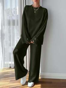 EURMUSE Women Button Detailed Sweater And Pant Set - Army Green - View 5