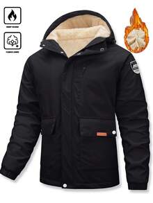 Manfinity Homme Men's Autumn/Winter Multi-Pocket Design Hooded Cotton Padded Coat, Quilted Stitching, Casual Loose Fit Streetwear Zip-Up Outerwear - Black - View 3