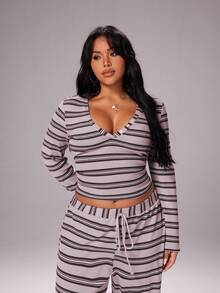 Rustia Maglietta a righe scollo a V oversize da donna, stile vintage casual e confortevole, adatta per autunno/inverno