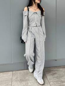 FRIFUL 女士纯色露肩长袖上衣和直筒裤两件套休闲宽松套装，秋冬款 - 灰色 - 查看 3