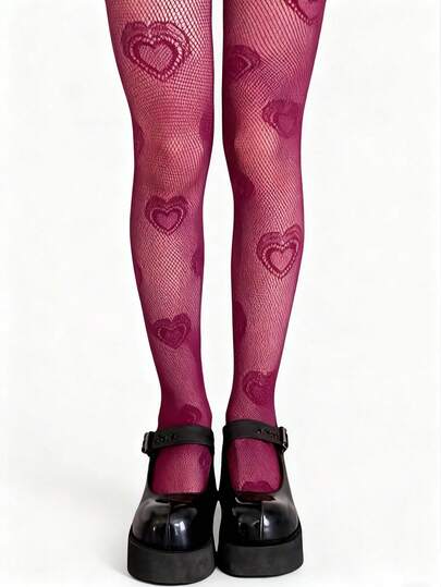 Kawaii 1 pieza Medias de encaje color borgoña con diseño de amor, medias de red sexy y huecas, medias elásticas de estilo lindo, adecuadas para citas y uso diario