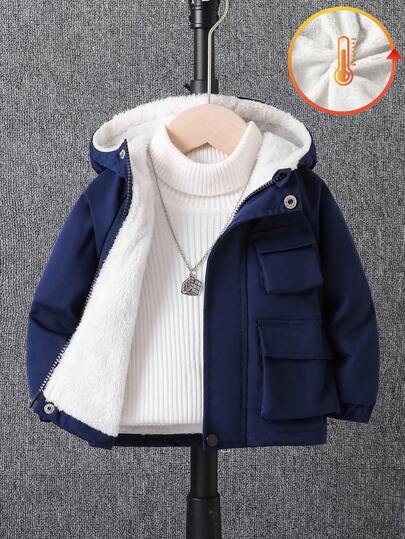 Baby Boys' Hooded Thermal Lined Slanted Pocket Zipper Pocket Casual Versatile Jacket, Suitable For Outdoor & Indoor Wear, Autumn/Winter