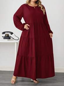 SHEIN CURVE+ Đầm Maxi dáng rộng tay phồng cổ tròn tay loe rộng rãi thời trang xuân hè cho nữ/Mùa thu/Mùa đông - Màu Đỏ Sâu - Xem 3