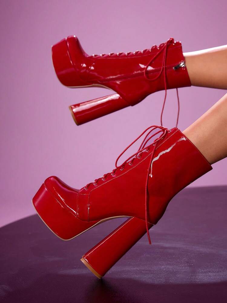 CUCCOO LuxiPop Women's Outdoor Round Toe Thick High Heel Waterproof Platform Embroidered Decor Black PU Double Layer Material Fashion Comfortable Daily Party Ankle Boots, Suitable For Christmas, New Year Party, Nightclub