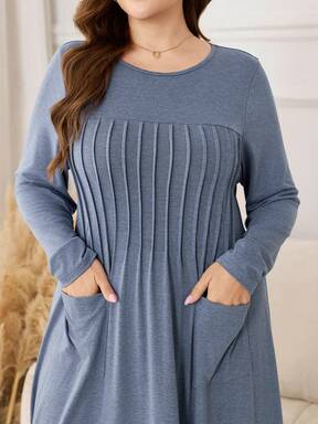 Lacomfia فستان نسائي مريح وفضفاض بأكمام طويلة مبطن بالكروشيه باللون الأزرق الضبابي، مزين بجيوب وطيات، مناسب للاستخدام اليومي والمناسبات، مقاسات كبيرة