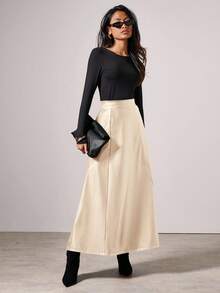 COSMINA 女士优雅透气纯色长款PU裙，秋冬款 - 卡其色 - 查看 3