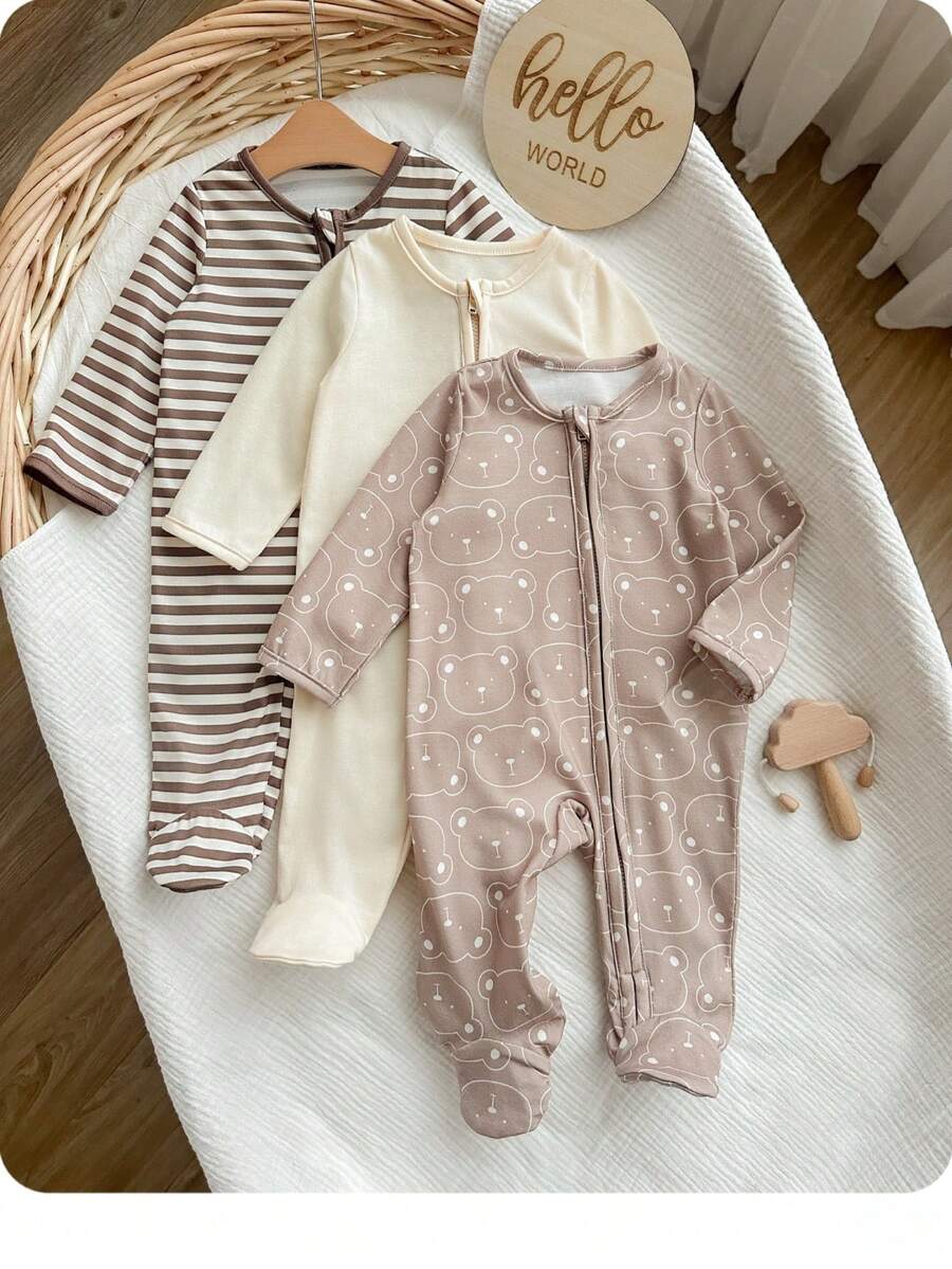 SHEIN 3件套新生女宝宝可爱卡通图案针织长袖连体衣套装，秋冬季 - 米色 - 查看 1