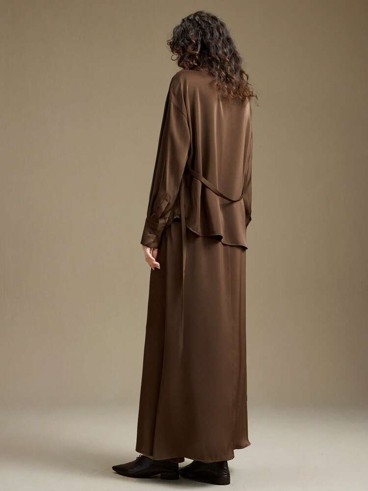Women's Elegant Coffee Brown Autumn Satin Two Piece Set,Long Sleeve Collared Blouse & Elastic Waist A-Line Skirt,Sophisticated Office Business Outfit
