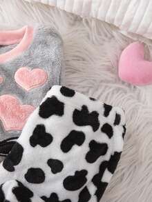 Babygirl Cute Fluffy Cartoon Pattern Pajama Set, Cow Print Sleepwear, Casual Loungewear For Autumn/Winter - Grey - View 7