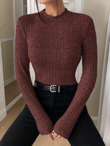 SHEIN Frenchy 高领罗纹针织纹理面料T恤 - 咖啡棕 - 查看 3