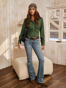 LanaWest Women's Army Green Bohemian Textured Lapel Neck Long Sleeve Front Ruched Shirt,Autumn Country Western Concert Single-Breasted Elegant Teacher Blouse - Army Green - View 6