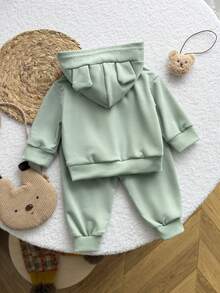 Playful Pals 男婴可爱耳朵连帽长袖卫衣长裤套装（2件），秋冬季时尚新款式 - 綠色 - 查看 2