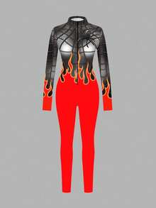 Slaydiva Casual Sexy Spider Woman Flame Print Long Sleeve Front Zipper Jumpsuit, Suitable For Autumn/Winter - Multicolor - View 2