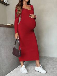 SHEIN Pregnant Women's Solid Color Knitted Ribbed V-Neck Sweater Dress - Red - View 4
