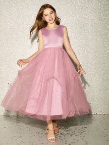 Girls' Elegant Round Neck Sleeveless Pink Maxi Dress With Bow Back Mesh, Suitable For Evening Party, Wedding, Flower Girl, Prom, Birthday, Holiday, Christmas, Halloween, And Other Occasions