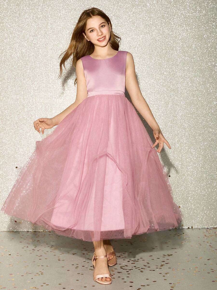 Girls' Elegant Round Neck Sleeveless Pink Maxi Dress With Bow Back Mesh, Suitable For Evening Party, Wedding, Flower Girl, Prom, Birthday, Holiday, Christmas, Halloween, And Other Occasions