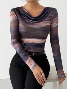 Chiquease Damen Batik-Muster geraffter Hals Langarm T-Shirt Grafik Oberteile Damen für Frühlings-Outfit Herbstkleidung für Frauen