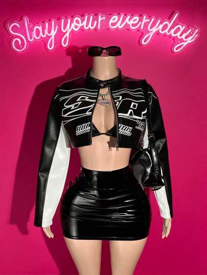 Slaydiva Autumn And Winter Casual Street Motorcycle Style Round Neck Long-Sleeved Off-Shoulder Ultra-Cut Black And Red PU Women's Jacket,Party Dresses For Women