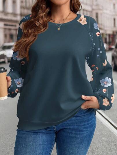 EMERY ROSE Lässiges, minimalistisches, vielseitiges Raglanärmel Blümchen Loose Fit Sweatshirt für Damen in Große Größen, geeignet für Herbst/Winter
