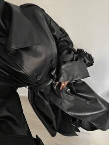 StreetHx 女士千禧年风格街头服饰Y2K灵感宽松仿皮长款风衣，休闲复古街头风 - 黑色 - 查看 5