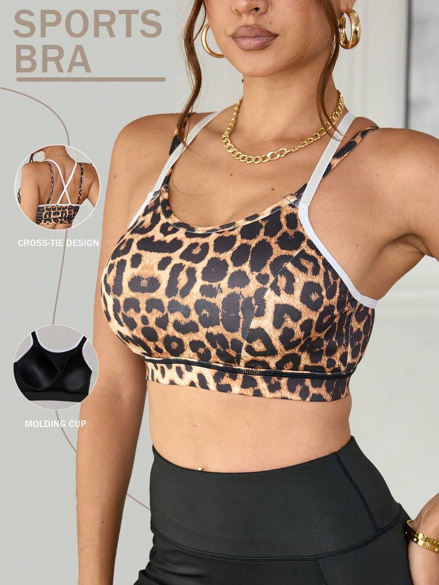 Slayform Slayform Fashionable Leopard Print Patchwork Sports Bra With Criss-Cross Straps And Supportive Cup - Black - View 1