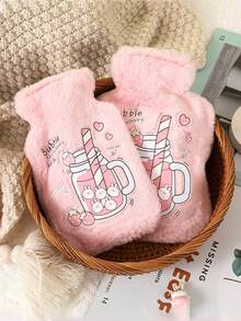 Pink Hot Water Bottle With Cover, PVC Hot Water Bottle With Cute Patterns And Soft Plush Cover, School Supplies