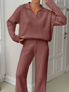 EURMUSE Woman Loose Fit Comfy Warm Thick Polo Neck Sweater And Pants Co-Ords Two Pieces Set - Dusty Pink - View 7