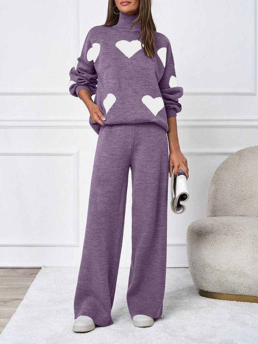 SHEIN Tall 2pcs/Set Casual Heart Pattern High Neck Sweater - Lilac Purple - View 1