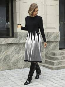 Hansera Vestido de suéter elegante con cuello redondo, mangas largas y cintura ceñida en bloques de color para mujer - Blanco y Negro - Ver 5