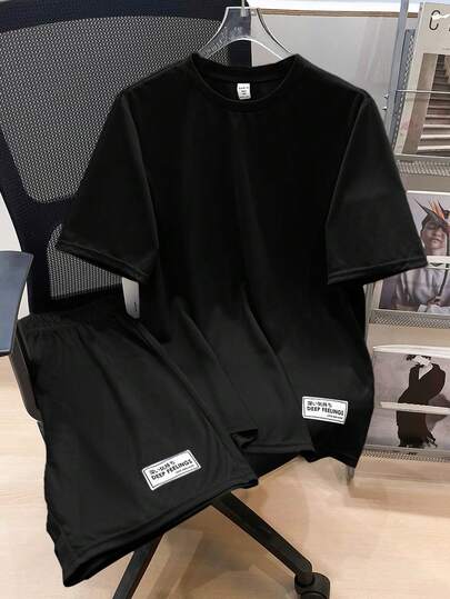 SHEIN 2pcs/Set Teen Boys Casual Loose Comfortable Brand Logo Decor Short Sleeve Top And Shorts Outfit, Spring/Summer