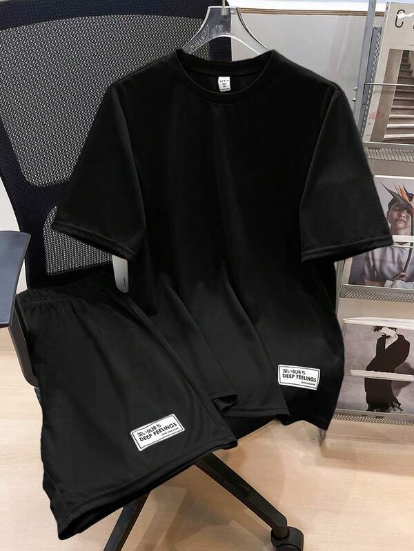 SHEIN 2 piezas/set Conjunto de pantalón corto y parte superior de manga corta con logo de marca, cómodo y suelto, para adolescentes, primavera/verano