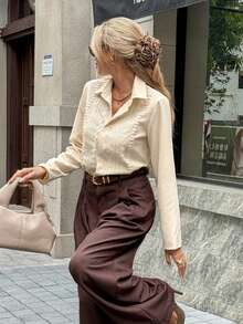 Serisse Women's Elegant Cream White Lace Long Sleeve Button Down Shirt,Autumn Eyelet Blouse With Lace Trim Design,French Style Tea Party Top For Work Commute - Apricot - View 8
