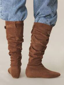 Styleloop Botas hasta la rodilla con pliegues de estilo vintage y tacón oculto para mujer - Marrón - Ver 4