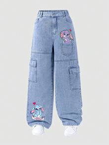 SHEIN ChillGRL Tween Girls' One-Piece Denim Pants With Pockets & Rabbit Print, Vintage Streetwear Casual Trousers, Relaxed Fit, Comfortable Elastic Waist, Versatile For Daily, School, Vacation, Hanging Out Fall Winter - Light Wash - View 3