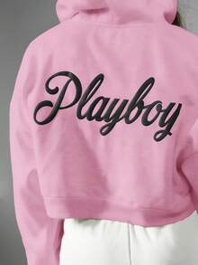 Missguided x Playboy Long Sleeve Cropped Puff PrInt Cropped Zip Up Hoodie In Fabric - Pink - View 5