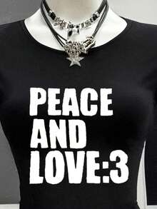 SHEIN Y2K 美学街头风女式T恤，休闲哥特字母印花短袖90年代复古Grunge修身Emo女孩上衣 - 黑色 - 查看 5