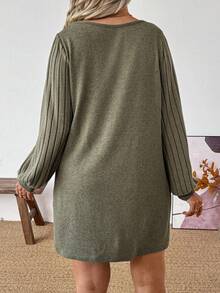 EMERY ROSE New Arrival Plus Size Women Casual V-Neck Lantern Sleeve Dress Fall - Army Green - View 2